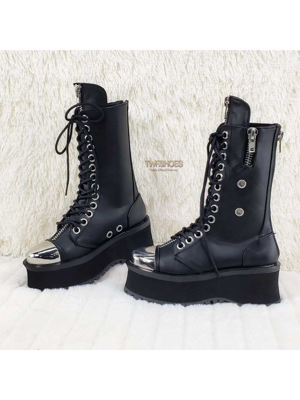 Gravedigger Chrome Toe Cap Platform Goth Punk Boots - Picture 11 of 12